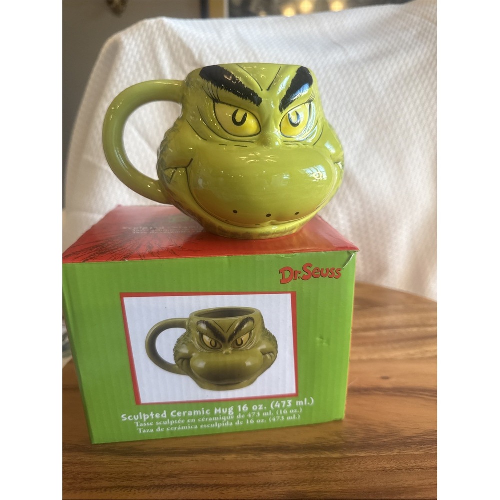 The Grinch Mug Sculpted Ceramic Mug Green Smirk Christmas Movie 16 Ounc Open Box
